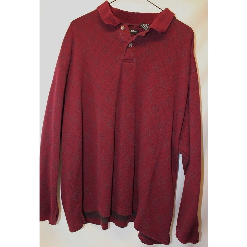 George Long Sleeve Shirt Mens 2XL Burgundy Diamond Pattern Polo